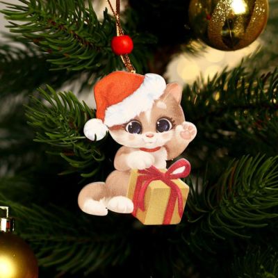 Фото Подвеска новогодняя деревянная "Котик с подарком" Лесная мастерская  7607467. Интернет-магазин FOROOM