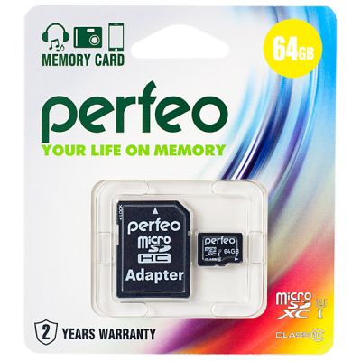 Фото Карта памяти Perfeo microSDXC 64GB High-Capacity (Class 10) UHS-1 с адаптером /10. Интернет-магазин FOROOM