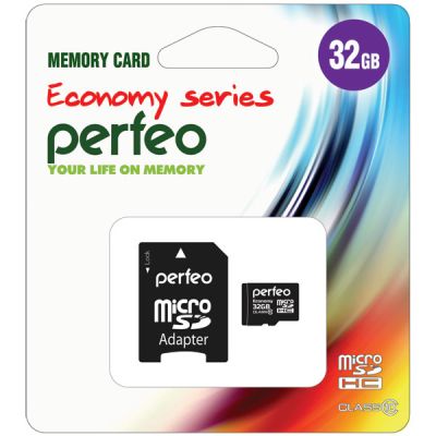 Фото Карта памяти micro SDHC PERFEO 32GB (Class 10) + Adapter ECONOMY  series 10/100 PF32GMCSH10AES  Perfeo. Интернет-магазин FOROOM