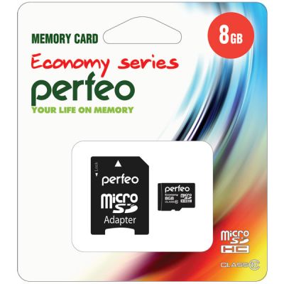 Фото Карта памяти micro SDHC PERFEO 8GB (Class 10)+ Adapter ECONOMY  series 10/100. Интернет-магазин FOROOM