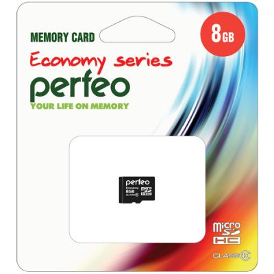 Фото Карта памяти micro SDHC PERFEO 8GB (Class 10) (W/O Adapter ) ECONOMY  series 10/100 PF8GMCSH10ES Perfeo. Интернет-магазин FOROOM
