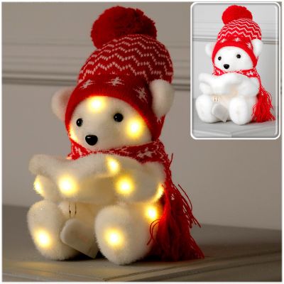 Фото Фигура световая "Медведь в красной шапочке и шарфе" 10х10x(h)18см, флоковое покрытие, белый тёплый свет, от батареек Luazon Lighting  4843986. Интернет-магазин FOROOM